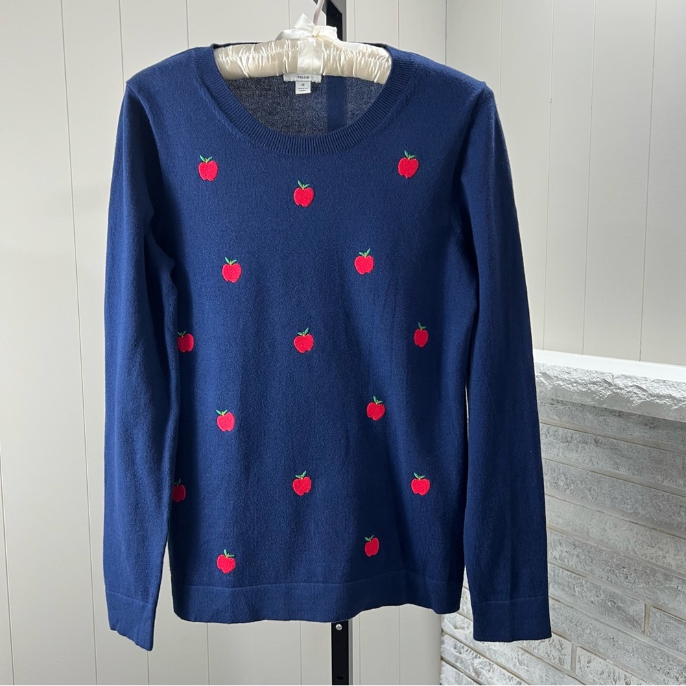 J. Crew Factory Teddie Navy Blue Red Embroidered Apple Pattern Sweater S
